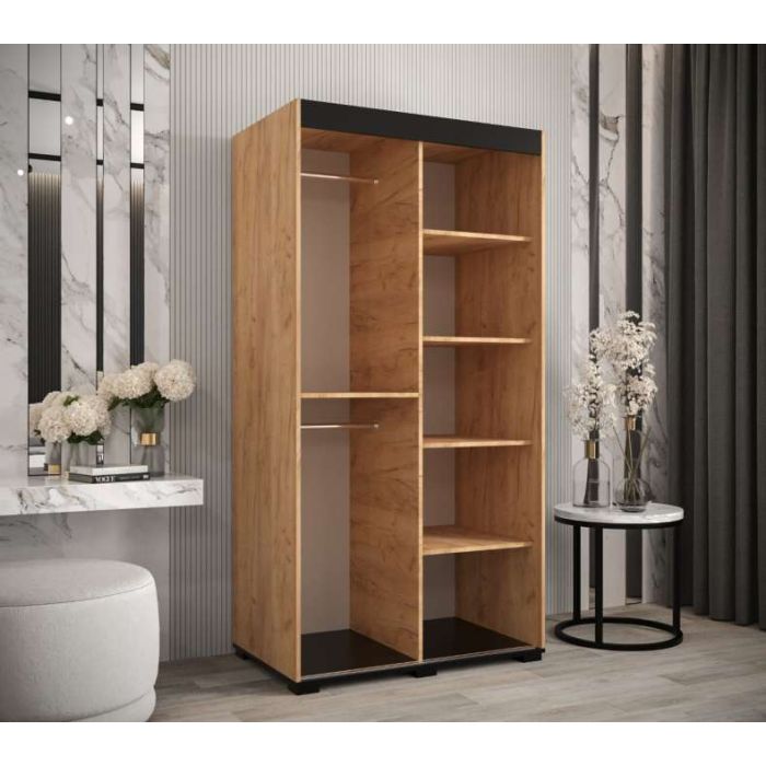 Marston Sliding 2 Door Strip Design Wardrobe Golden with Black Top - 100cm Width