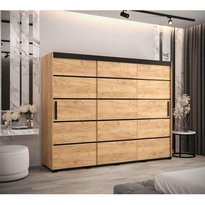 Marston Sliding 3 Door Strip Design Wardrobe Golden with Black Top - 250cm Width