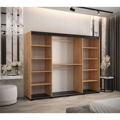 Marston Sliding 3 Door Strip Design Wardrobe Golden with Black Top - 250cm Width