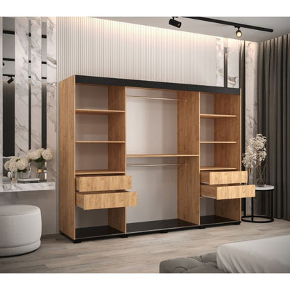 Marston Sliding 3 Door Strip Design Wardrobe Golden with Black Top - 250cm Width