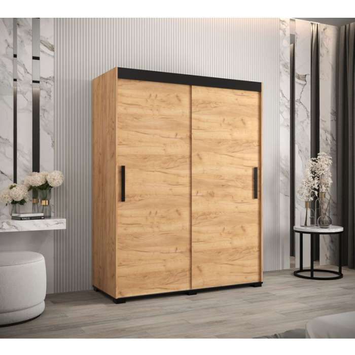 Marston Sliding 2 Door Wardrobe Golden with Black Top - 150cm Width
