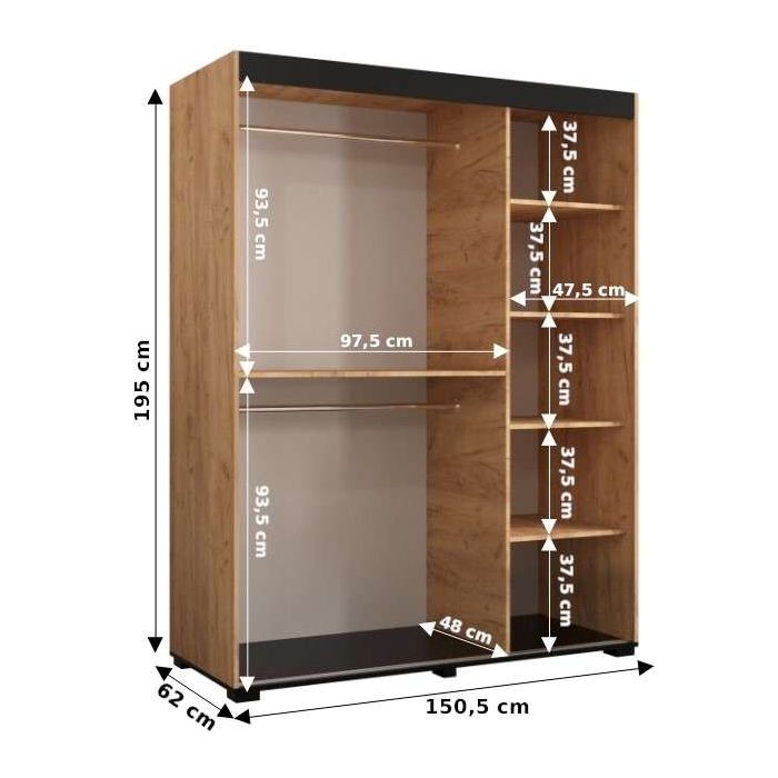Marston Sliding 2 Door Wardrobe Golden with Black Top - 150cm Width