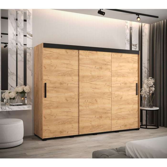 Marston Sliding 3 Door Wardrobe Golden with Black Top - 250cm Width