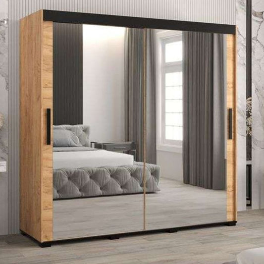 Marston Sliding 2 Door Full Mirror Wardrobe Golden with Black Top - 200cm Width