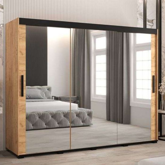 Marston Sliding 3 Door Full Mirror Wardrobe Golden with Black Top - 250cm Width