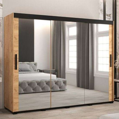 Marston Sliding 3 Door Full Mirror Wardrobe Golden with Black Top - 250cm Width