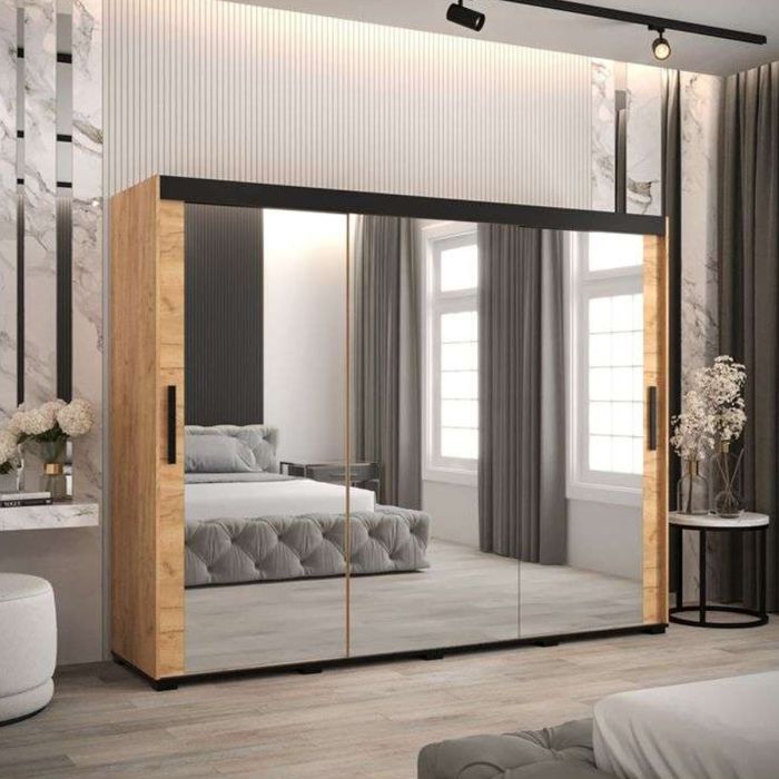 Marston Sliding 3 Door Full Mirror Wardrobe Golden with Black Top - 250cm Width