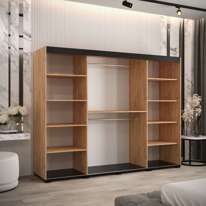 Marston Sliding 3 Door Full Mirror Wardrobe Golden with Black Top - 250cm Width