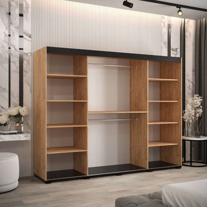 Marston Sliding 3 Door Full Mirror Wardrobe Golden with Black Top - 250cm Width