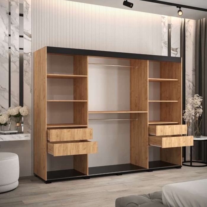 Marston Sliding 3 Door Full Mirror Wardrobe Golden with Black Top - 250cm Width