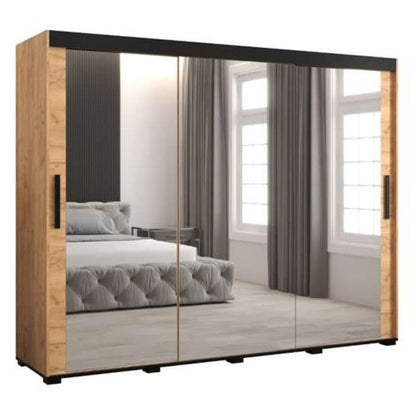 Marston Sliding 3 Door Full Mirror Wardrobe Golden with Black Top - 250cm Width