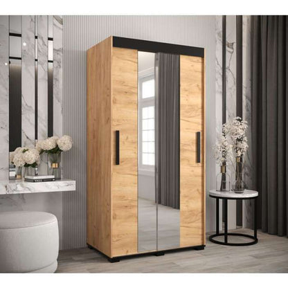 Marston ii Sliding 2 Door Single Mirror Wardrobe Golden with Black Top - 100cm Width