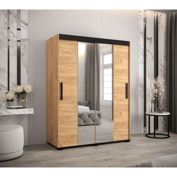 Marston ii Sliding 2 Door Single Mirror Wardrobe Golden with Black Top - 150cm Width
