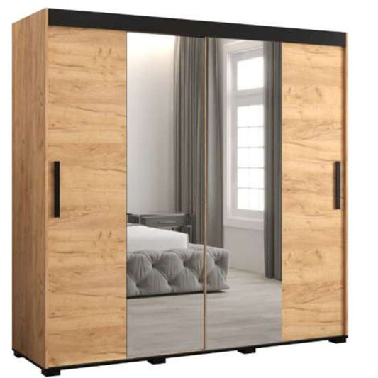 Marston ii Sliding 2 Door Single Mirror Wardrobe Golden with Black Top - 200cm Width