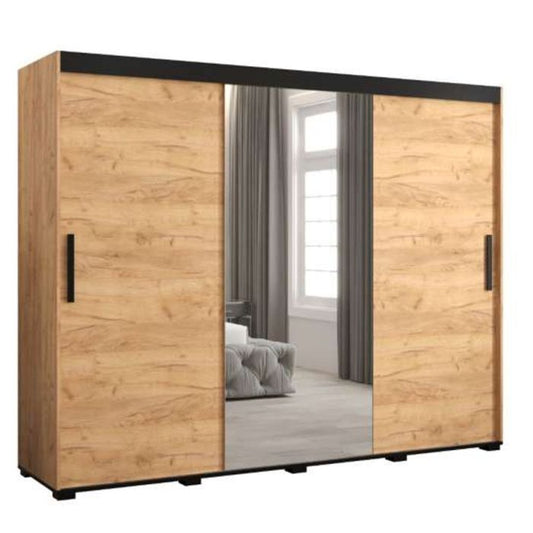 Marston ii Sliding 3 Door Single Mirror Wardrobe Golden with Black Top - 250cm Width