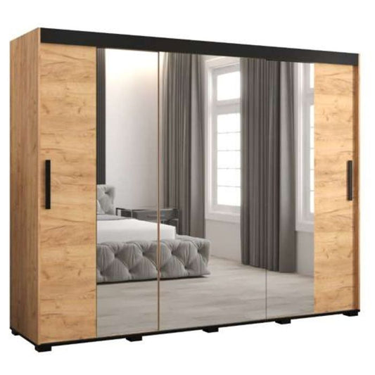 Marston ii Sliding 3 Door Mirror Wardrobe Golden with Black Top - 250cm Width