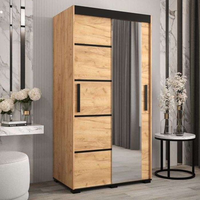 Marston Sliding 2 Door Single Mirror Wardrobe Golden with Black Top - 100cm Width