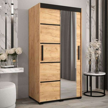 Marston Sliding 2 Door Single Mirror Wardrobe Golden with Black Top - 100cm Width