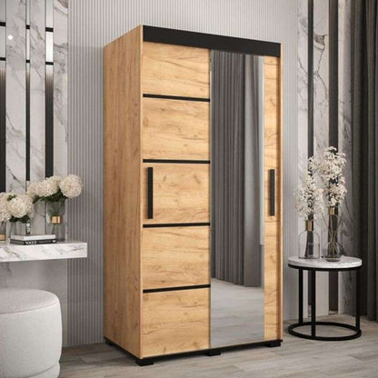 Marston Sliding 2 Door Single Mirror Wardrobe Golden with Black Top - 100cm Width