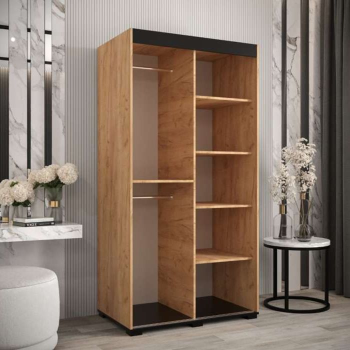 Marston Sliding 2 Door Single Mirror Wardrobe Golden with Black Top - 100cm Width