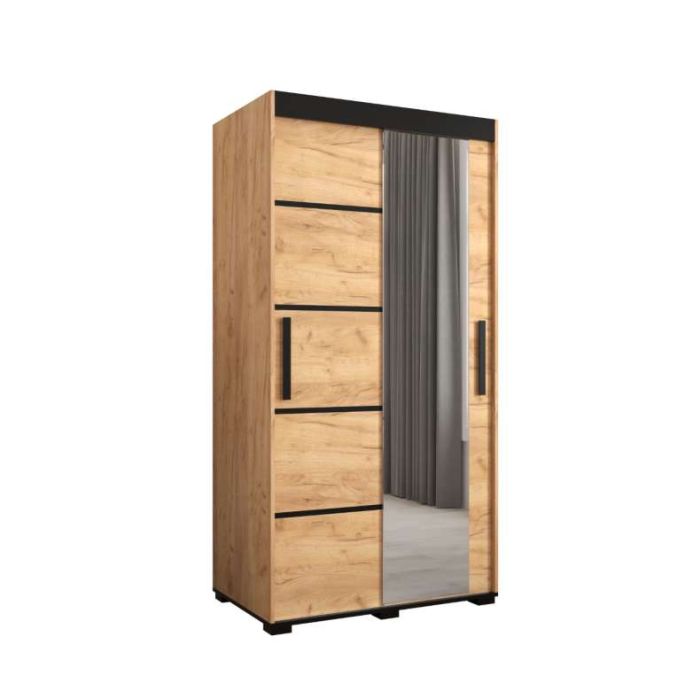 Marston Sliding 2 Door Single Mirror Wardrobe Golden with Black Top - 100cm Width
