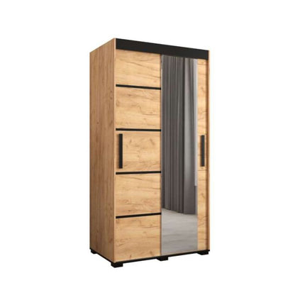 Marston Sliding 2 Door Single Mirror Wardrobe Golden with Black Top - 100cm Width