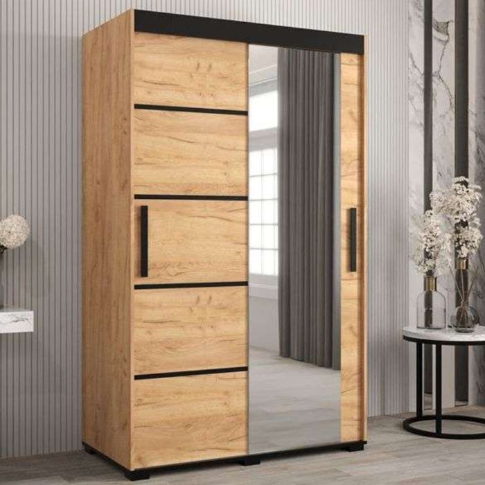Marston Sliding 2 Door Single Mirror Wardrobe Golden with Black Top - 120cm Width