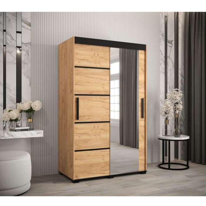 Marston Sliding 2 Door Single Mirror Wardrobe Golden with Black Top - 120cm Width