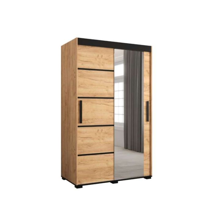 Marston Sliding 2 Door Single Mirror Wardrobe Golden with Black Top - 120cm Width