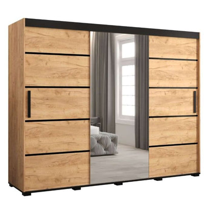 Marston Sliding 3 Door Single Mirror Wardrobe Golden with Black Top - 250cm Width