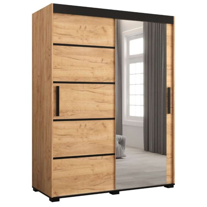 Marston Sliding 2 Door Single Mirror Wardrobe Golden with Black Top - 150cm Width