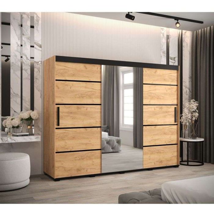 Marston Sliding 3 Door Single Mirror Wardrobe Golden with Black Top - 250cm Width