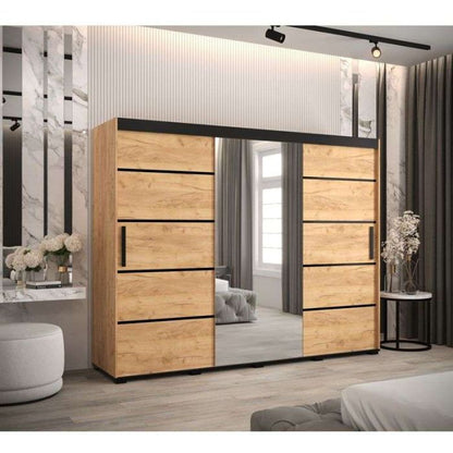 Marston Sliding 3 Door Single Mirror Wardrobe Golden with Black Top - 250cm Width