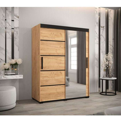 Marston Sliding 2 Door Single Mirror Wardrobe Golden with Black Top - 150cm Width