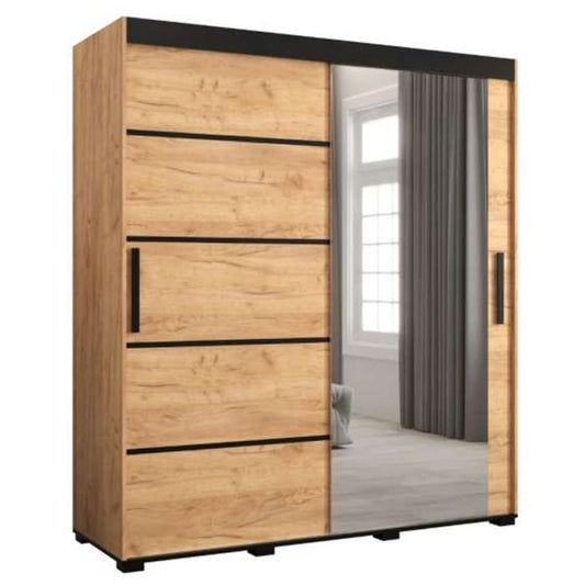 Marston Sliding 2 Door Single Mirror Wardrobe Golden with Black Top - 180cm Width