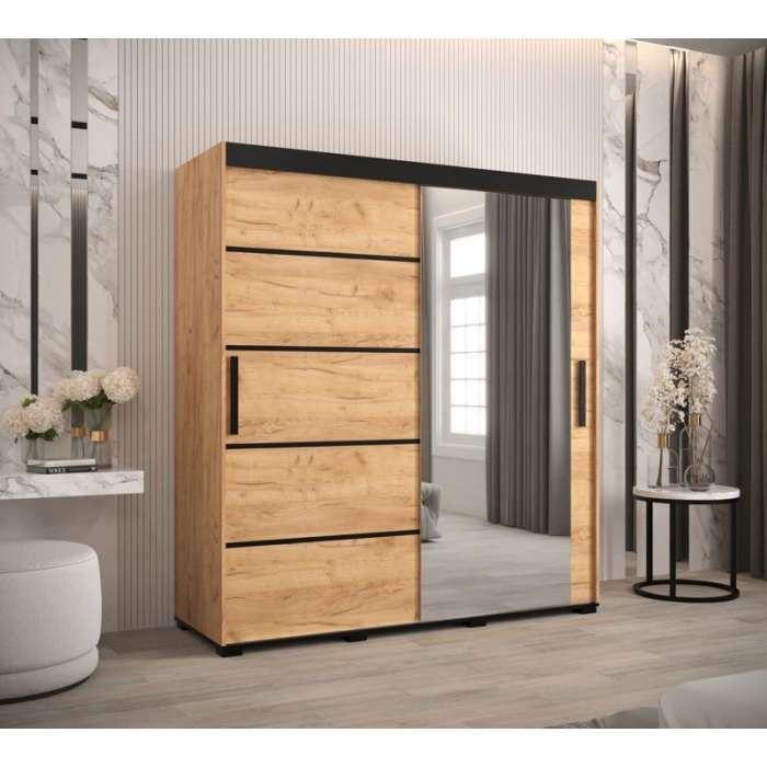 Marston Sliding 2 Door Single Mirror Wardrobe Golden with Black Top - 180cm Width