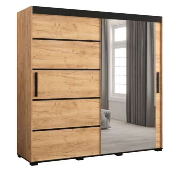 Marston Sliding 2 Door Single Mirror Wardrobe Golden with Black Top - 200cm Width
