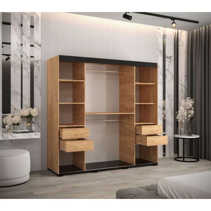 Marston Sliding 2 Door Single Mirror Wardrobe Golden with Black Top - 200cm Width