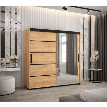 Marston Sliding 2 Door Single Mirror Wardrobe Golden with Black Top - 200cm Width