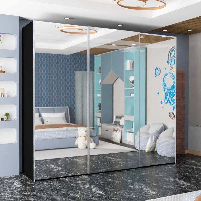 FURCO Giovany Black 250cm Mirrored 3 Door Sliding Wardrobe - Sleek & Functional
