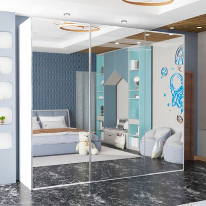FURCO Giovany White 250cm Mirrored 3 Door Sliding Wardrobe - Bright and Spacious