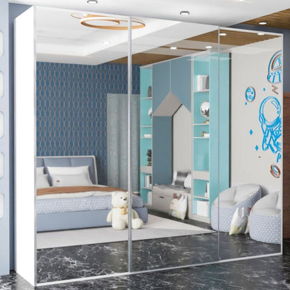 FURCO Giovany White 250cm Mirrored 3 Door Sliding Wardrobe - Bright and Spacious