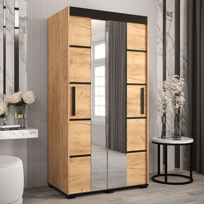 Marston Sliding 2 Door Mirror Strip Design Wardrobe Golden with Black Top - 100cm Width