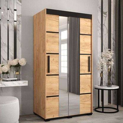 Marston Sliding 2 Door Mirror Strip Design Wardrobe Golden with Black Top - 100cm Width