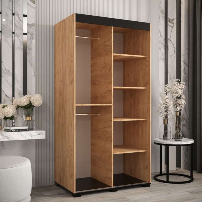 Marston Sliding 2 Door Mirror Strip Design Wardrobe Golden with Black Top - 100cm Width