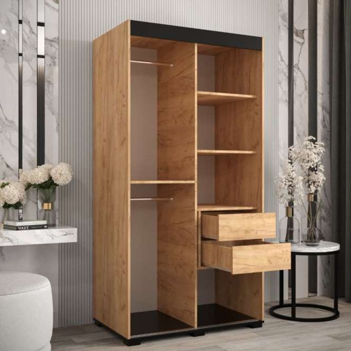 Marston Sliding 2 Door Mirror Strip Design Wardrobe Golden with Black Top - 100cm Width