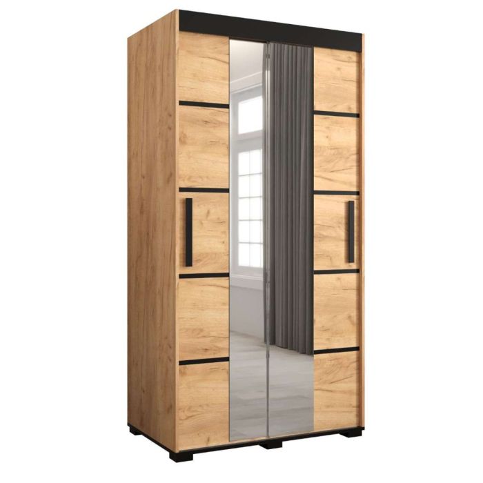 Marston Sliding 2 Door Mirror Strip Design Wardrobe Golden with Black Top - 100cm Width