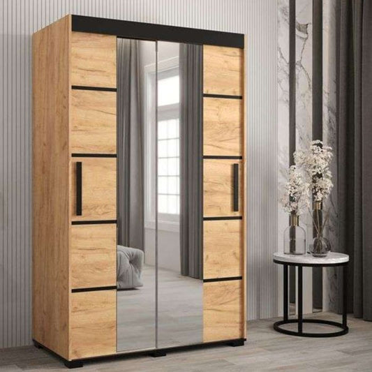 Marston Sliding 2 Door Mirror Strip Design Wardrobe Golden with Black Top - 120cm Width