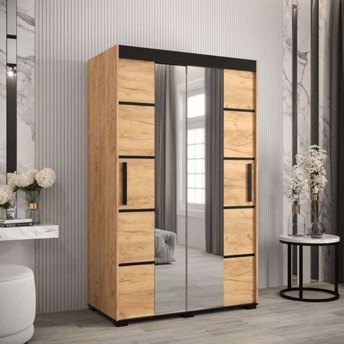 Marston Sliding 2 Door Mirror Strip Design Wardrobe Golden with Black Top - 120cm Width
