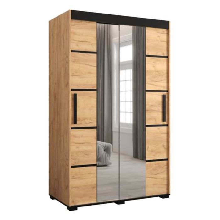 Marston Sliding 2 Door Mirror Strip Design Wardrobe Golden with Black Top - 120cm Width